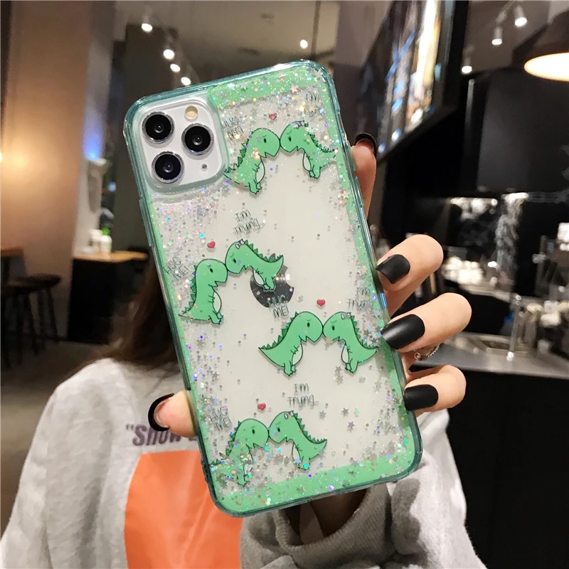 

Newest Glitter Cute Cartoon Dinosaur Phone Case For iPhone 11 Pro Max X XS XR 8 7 6 Plus Soft TPU Protector shell iPhone 11 Case