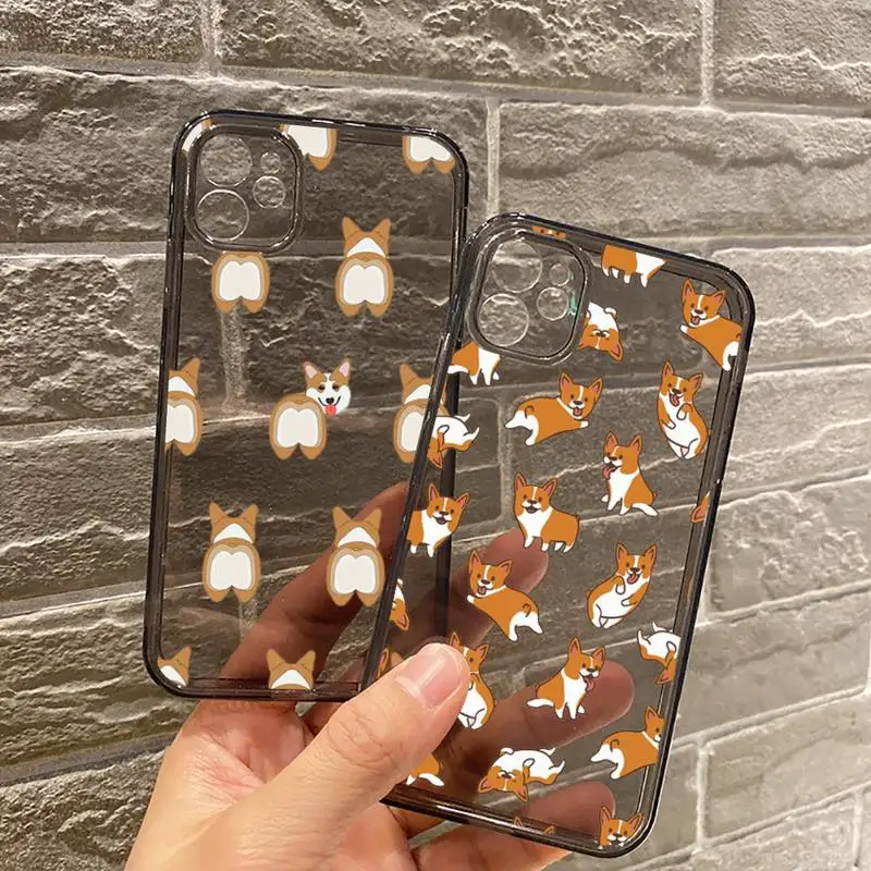 

Corgi Phone Case For iPhone 12 11 8 7 se 2020 mini pro X XS XR MAX Plus Black Transparent Cover