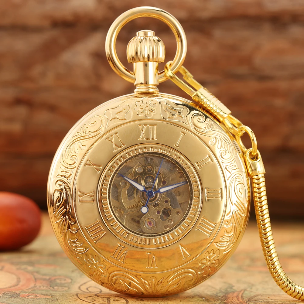 

Roman Numerals Copper Case Cover Golden Pocket Watch Automatic Mechanical Classic Digital Dial Noble Pendant Gifts For Women