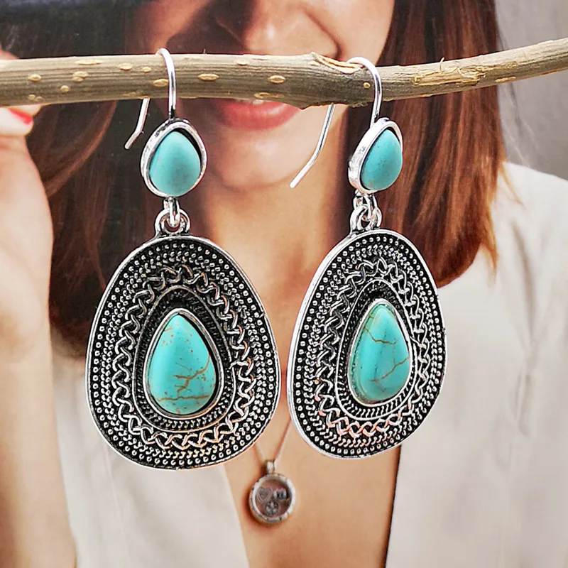 Banny Pink Bohemia Turquoises Earrings Vintage Stone Waterdrop Dangle Ethnic Indian Statement Drop Brincos | Украшения и