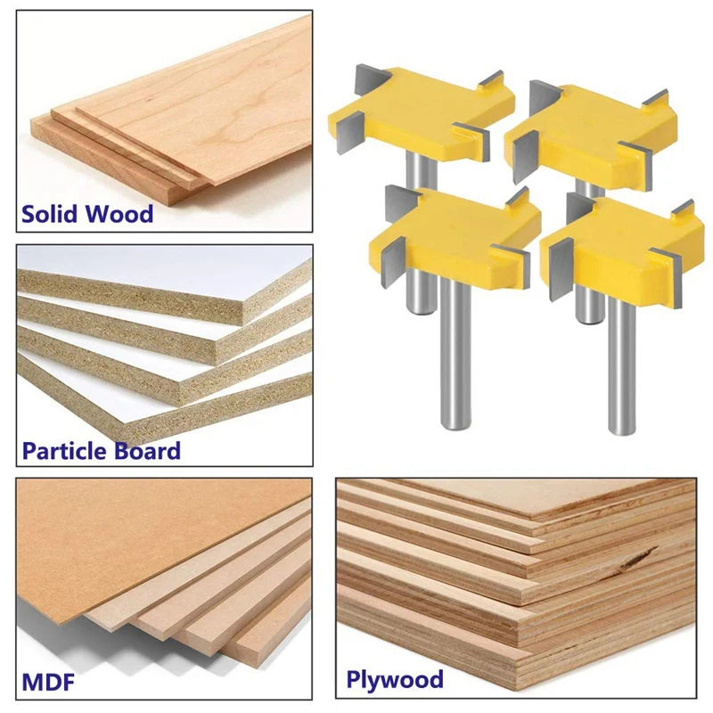

Set of 4Pcs 1/4 Inch Shank 4-Wing Router Bit Set Rabbet Slot Cutter Bits Wood Surface Grooving Milling Cutting Tools