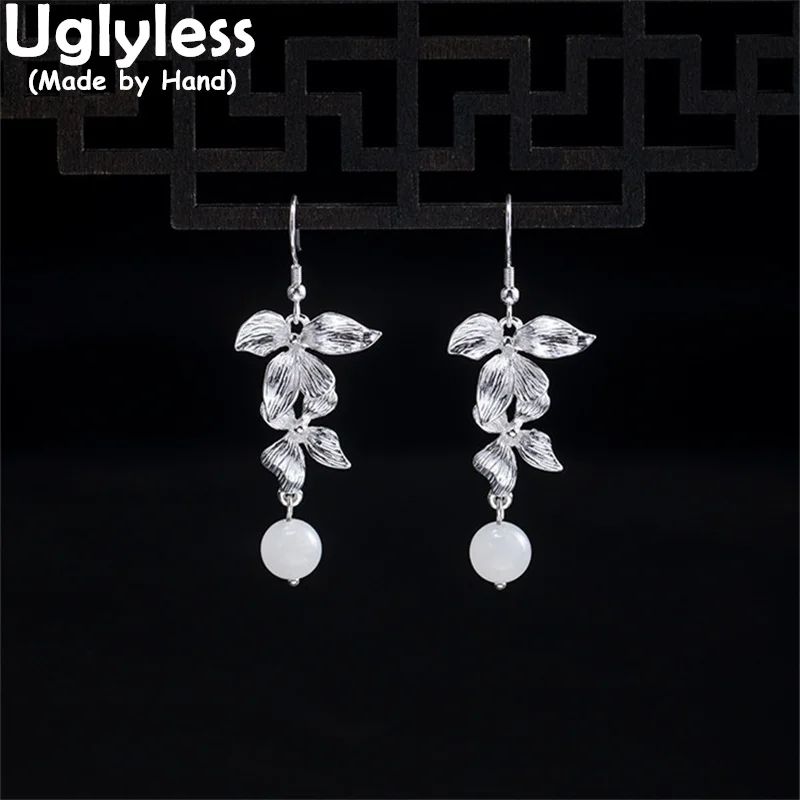 

Uglyless French Romance Handmade Silver Flowers Earrings for Women Real 925 Silver Floral Earrings Hotan Jade Brincos Bijoux