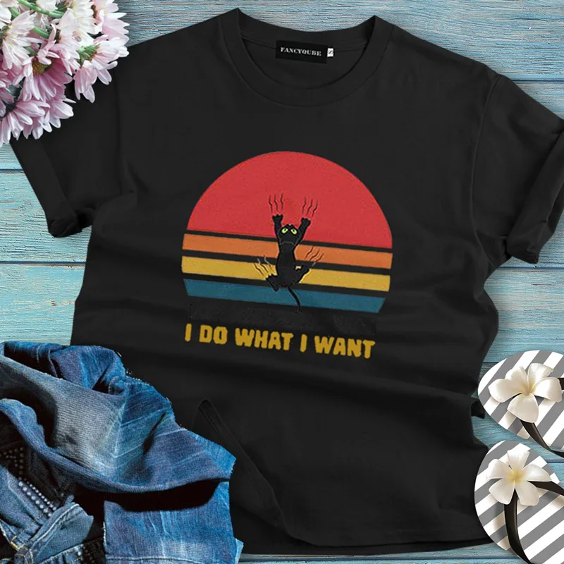 Милая кошка I Do What I Want винтажная женская футболка женская мужская футболка с длинными рукавами топы с круглым вырезом и коротким рукавом