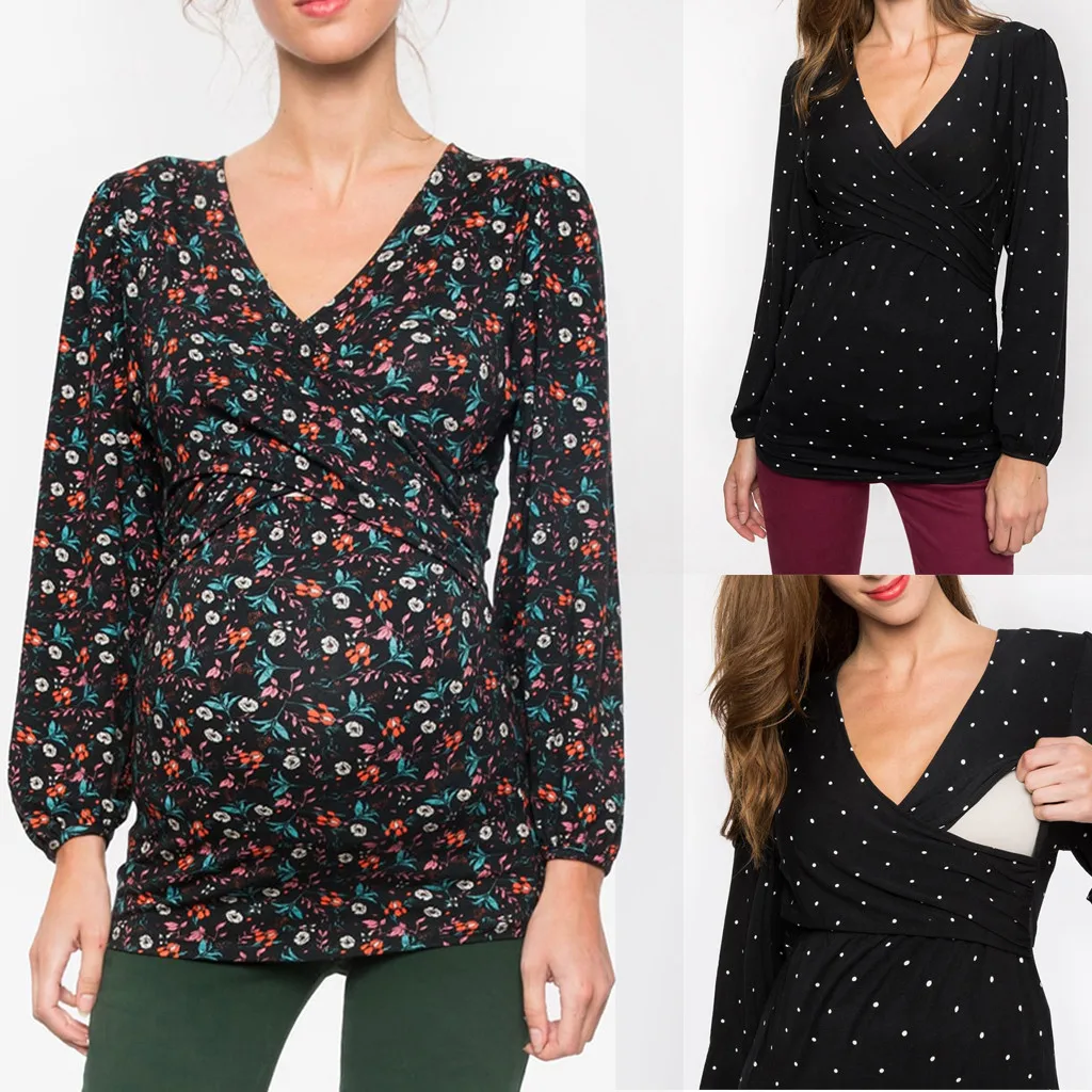 Одежда для беременных женщин блузки Nusring с V-образным вырезом и длинным рукавом