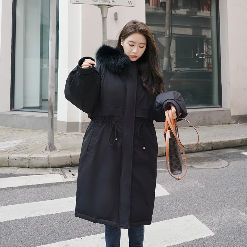 

Fitaylor/Новинка; Зимнее длинное хлопковое пальто; Женская Свободная куртка с капюшоном и большим меховым воротником; Модная плотная теплая кур...