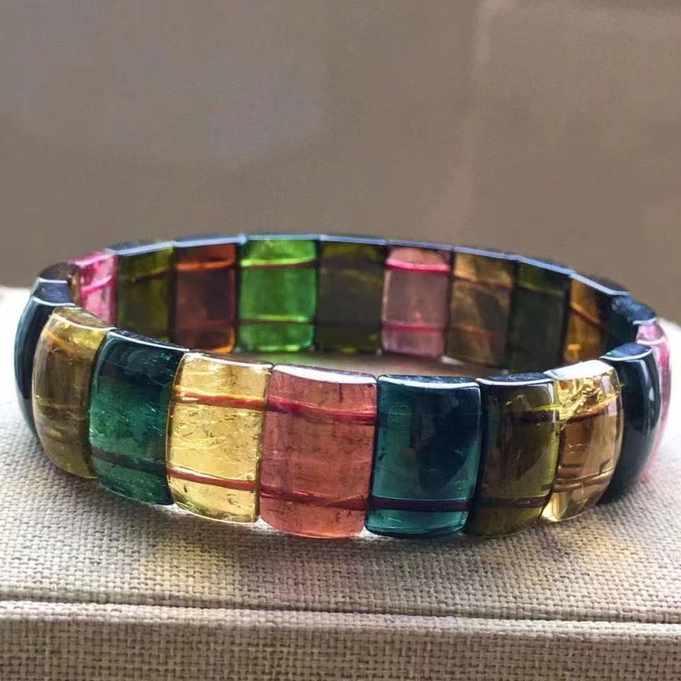 

Genuine Natural Colorful Tourmaline Quartz Bracelet Clear Rectangle Beads 14/9mm Women Men Stretch Tourmaline Bangle AAAAA