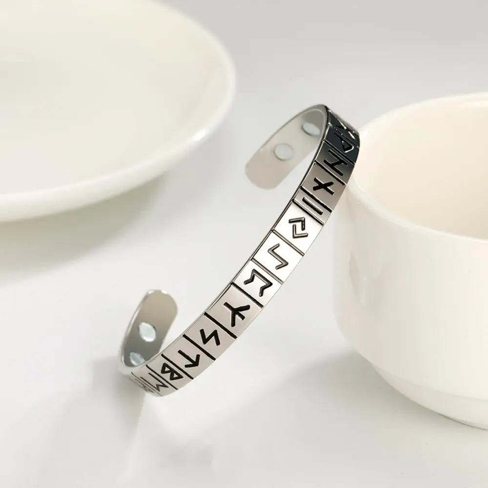 

Dawapara Ancient Nordic Talisman Runes Letters Engraving Stainless Steel Bangle God's Blessing Amulet Bracelet