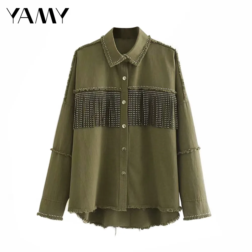 Женская джинсовая куртка с длинным рукавом декорированная бахромой|Женские