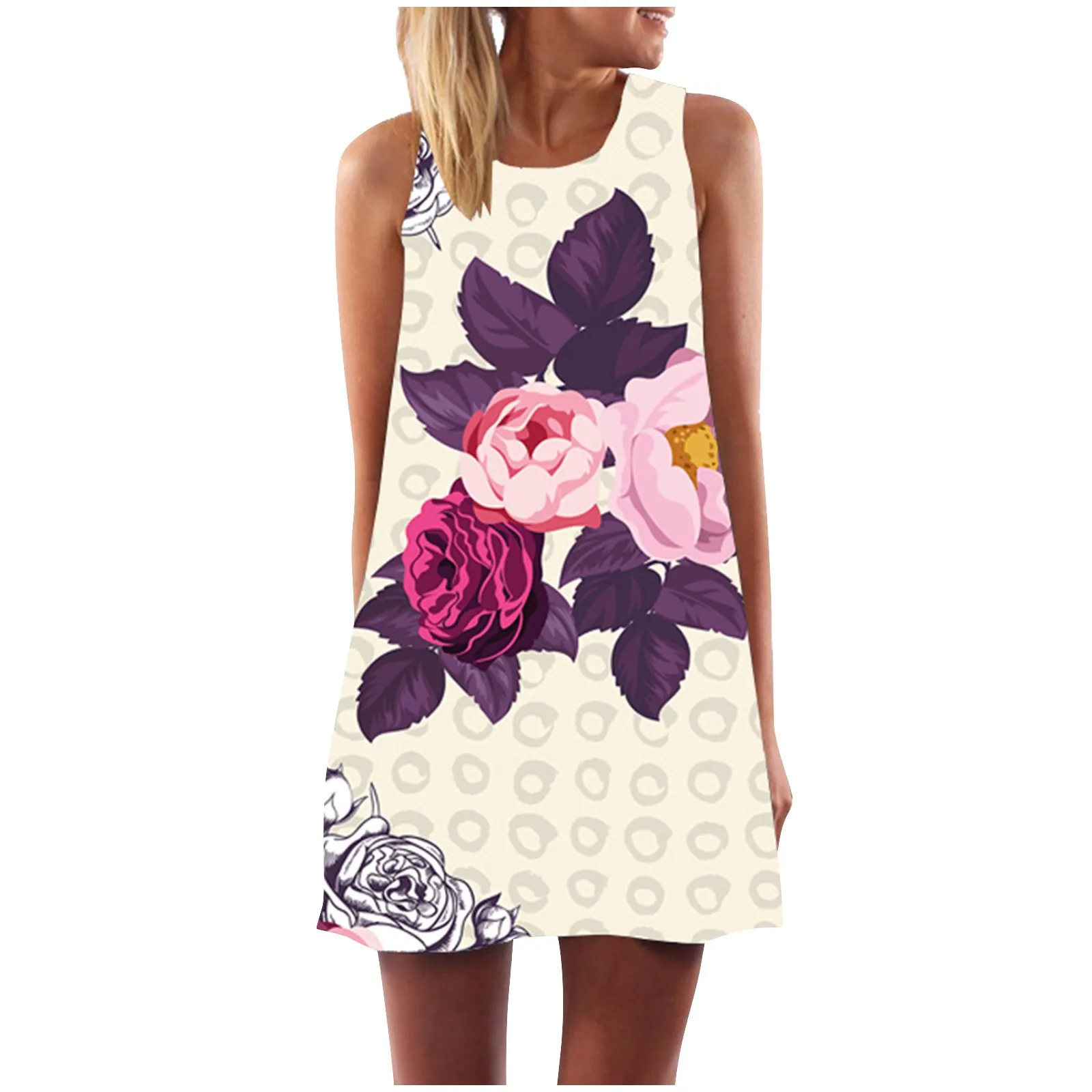 

Dresses For Women Fashion Vintage Floral Women's Casual Summer Loose Printed Round Neck Sleeveless Dress