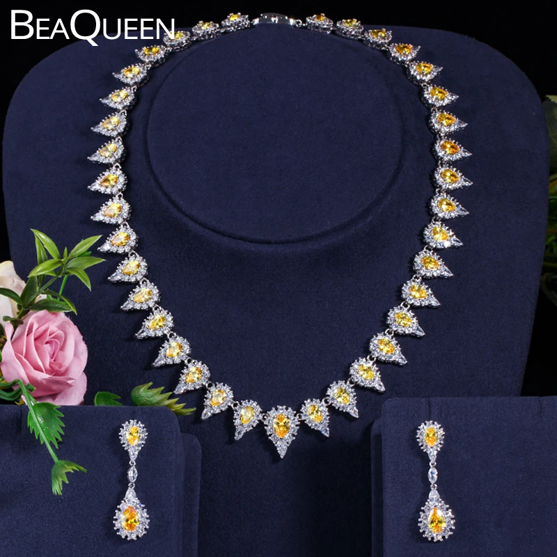 BeaQueen роскошное Сверкающее желтое ожерелье с овальной огранкой AAA+ кубический цирконий для женщин, для свадьбы, вечернего торжества, серьги, ювелирный набор JS041