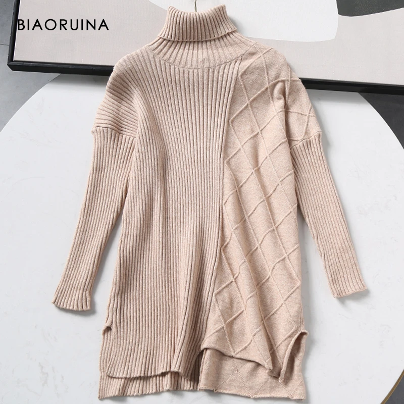 

BIAORUINA Women's Wool Blends Argyle Jacquard Elegant Turtleneck Long Sweater Female Solid Color Chic Fashion Knitted Pullover