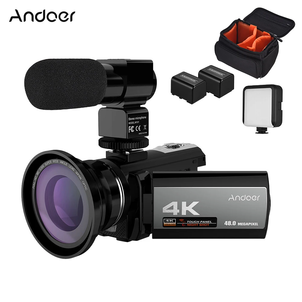 Цифровая видеокамера Andoer 4K 48 МП Wi Fi внешний микрофон широкоугольный объектив 0 39x
