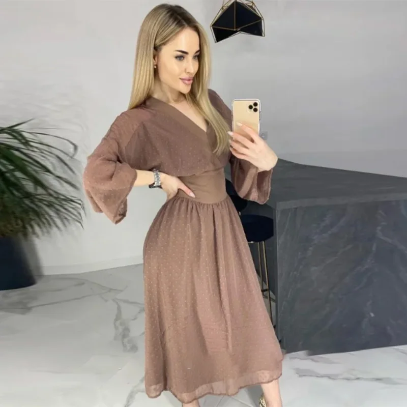 

Women Vintage Lace Patchwork Flare Sleeve Sexy V neck Three Quarter Sleeve Solid Elegant Casual Mini Dress 2020 Autumn New Dress