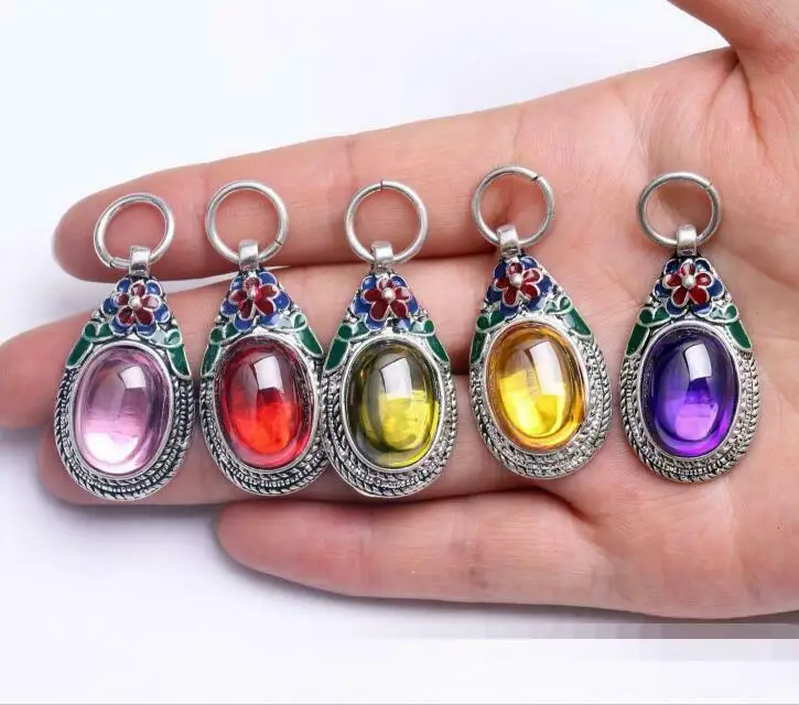 

5Pcs China 925-Silver Zircon Pendant Enamel Mosaic Chalcedony Cloisonne Jewelry