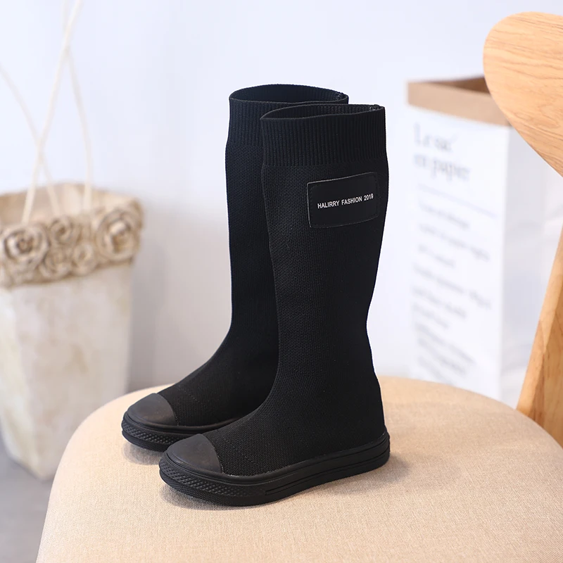 Детские сапоги до колен из эластичного трикотажа детская обувь Осень зима модная