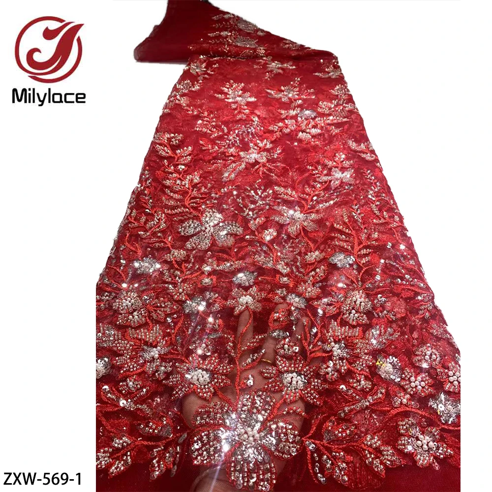 

African Heavy Sequins Lace Fabric 2021 High Quality Beaded French Tulle Net Lace Fabric for Wedding Dress ZXW-569