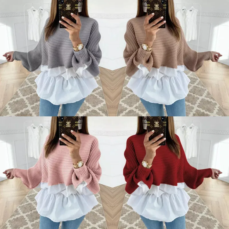 

Women Autumn Long Sleeve Sweater Knitted Ruffles Patchwork Bat Sleeve Pullover Jumper Ladies Crochet Warm Loose Top Sweater