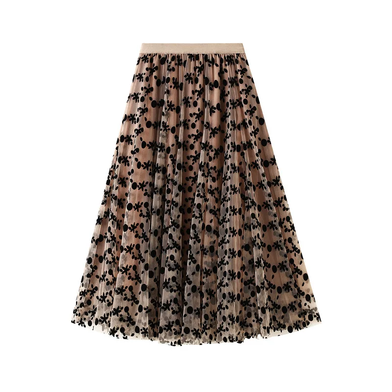 

2021 Autumn Winter Flower Printed Skirts Polka Dot Elastic Waist A Linen Long Mesh Skirts Lady Vintage Flocked Floral Tutu Falda