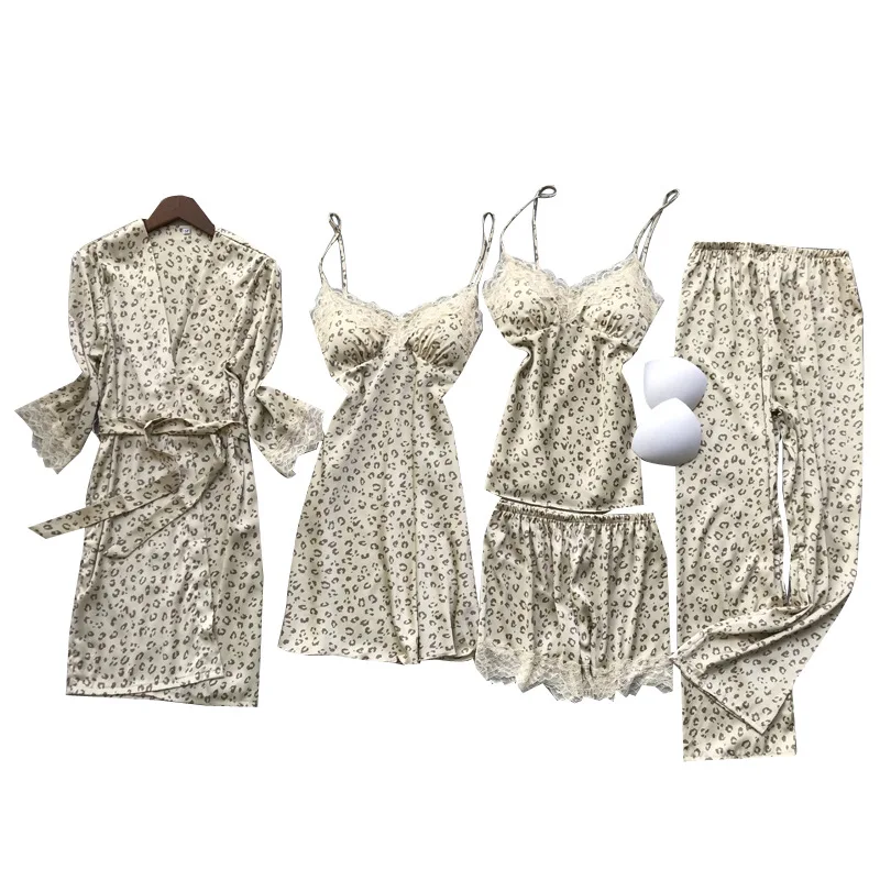 

Leopard Satin 5PCS Pajamas Set Lace Women Sleepwear Suit Kimono Bathrobe Gown SEXY Beige Nightwear Autunm Spring New Homewear