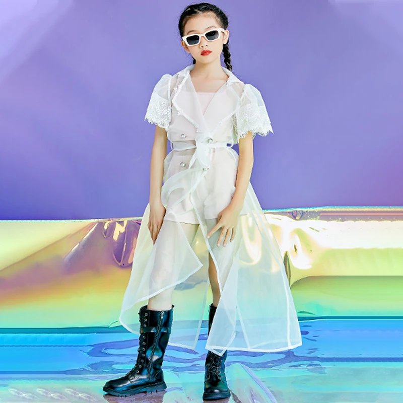 

Jazz Costume White Lace Outfits Hip Hop Performance Clothing For Girls Short Sleeve Ballroom Dance Stage Costume WD0036