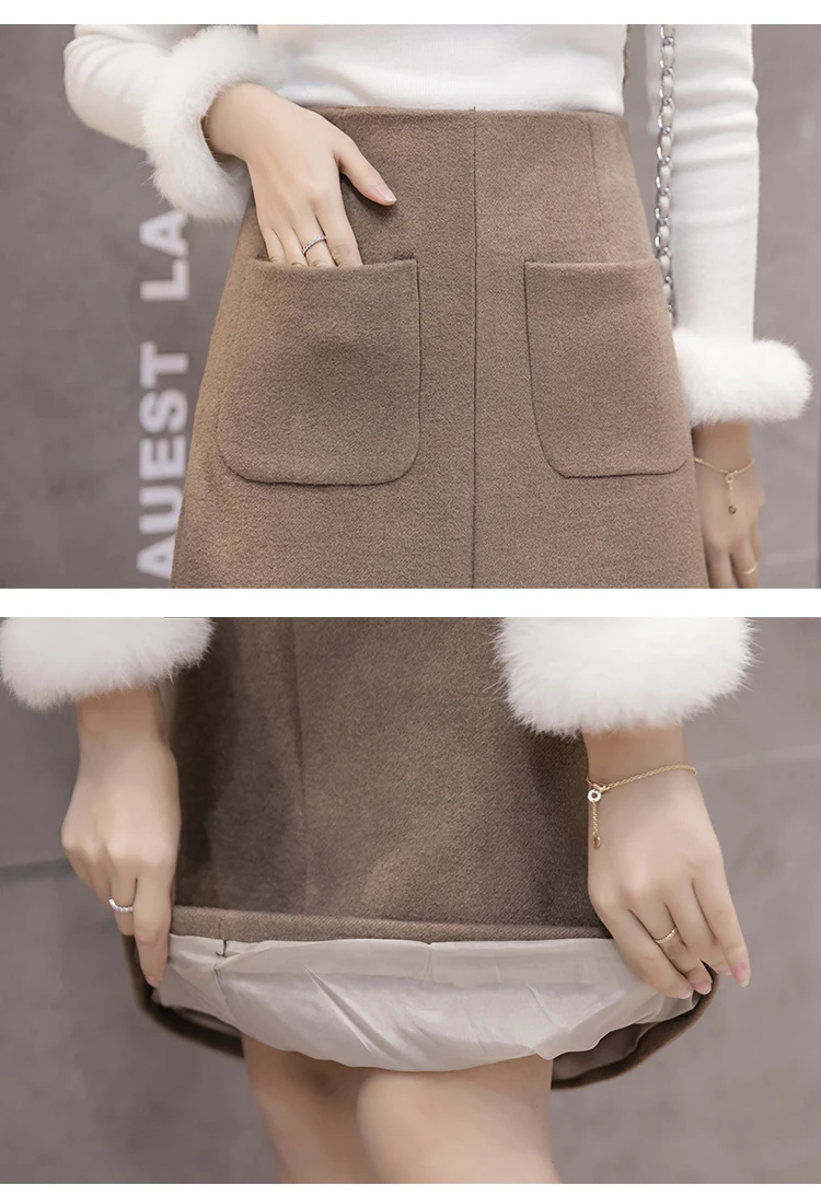 

Autumn Winter Warm Wool Skirt Women High Waist Korean Style A-Line Skirts Hip Package Midi Skirt Female Pocket Saias Jupe Femme