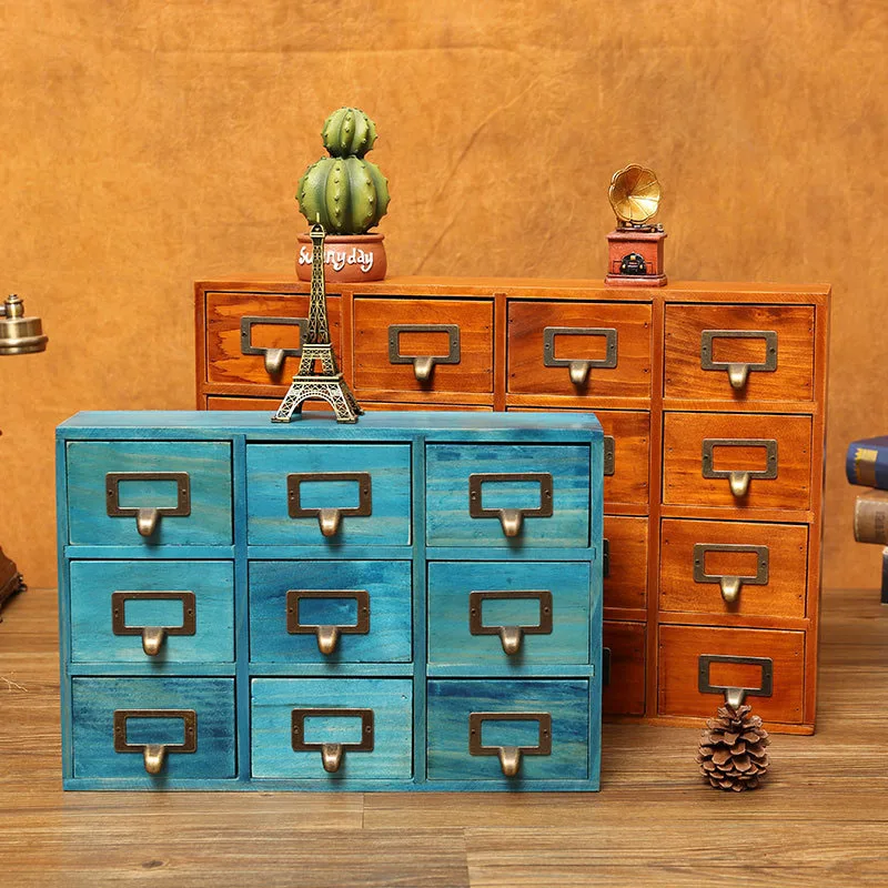

Vintage Wooden Multilayer Drawer Storage Box Makeup Organizer Creative Cabinet Storage Box Deck Lock Desktop Ornament