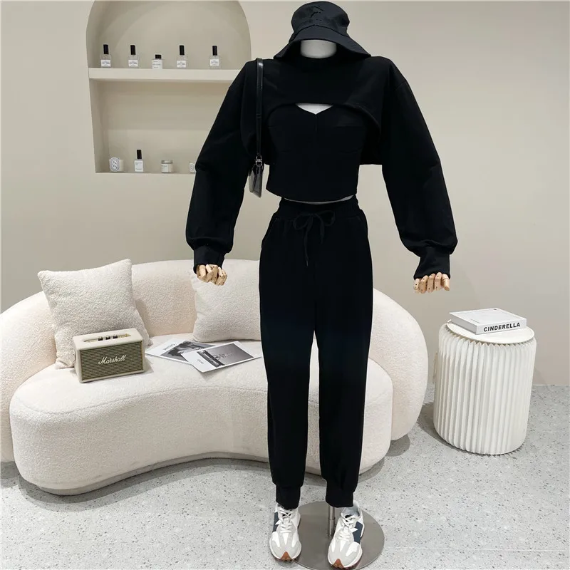 

Women's Spring Summer 2021 Fashion Short Sweater Blouse Vest High Waist Sport Pants Niche Design Three Piece Set