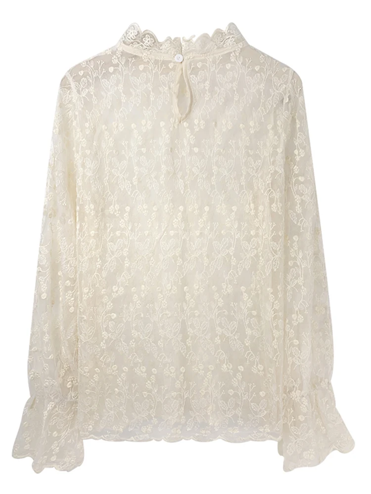 

Autumn Women's White High End Lace Mesh Long Sleeve Top