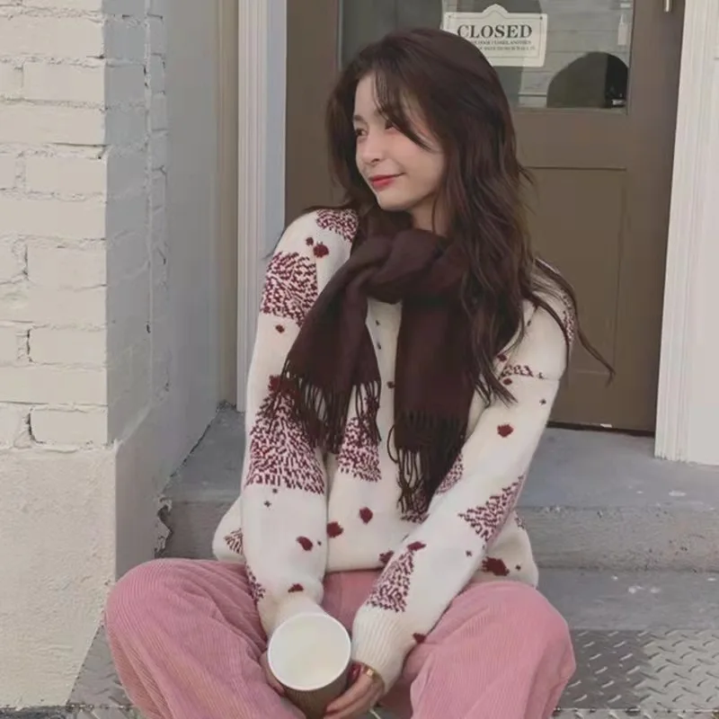 Sweater Women Christmas Tree Knitted Long Sleeve Round Neck Ladies Jumper Fashion Casual Winter Autumn Pullover Clothes NS4976 | Женская