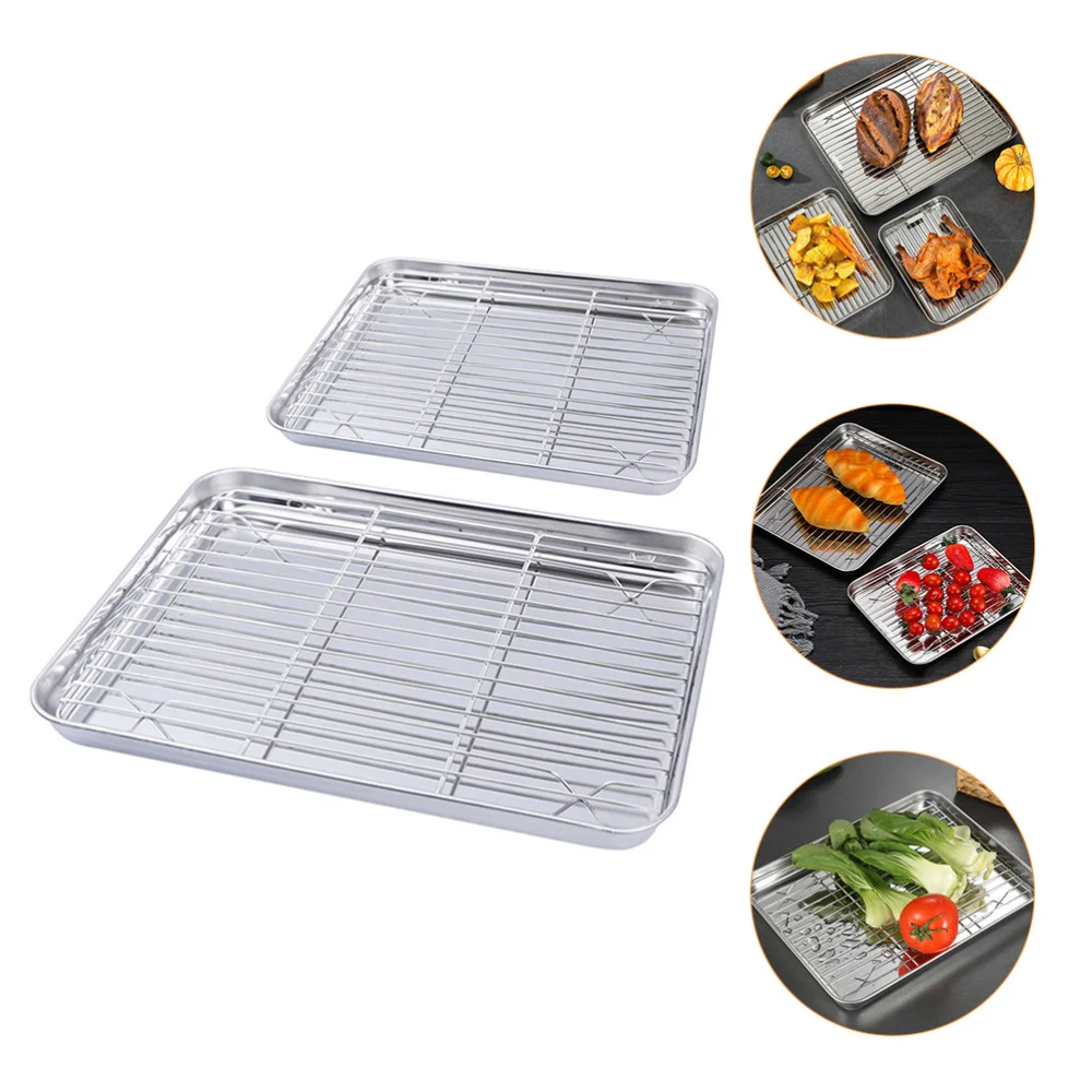 

2Pcs Square Stainless Steel Baking Sheets Durable Fruit Drain Pans (Steel color)
