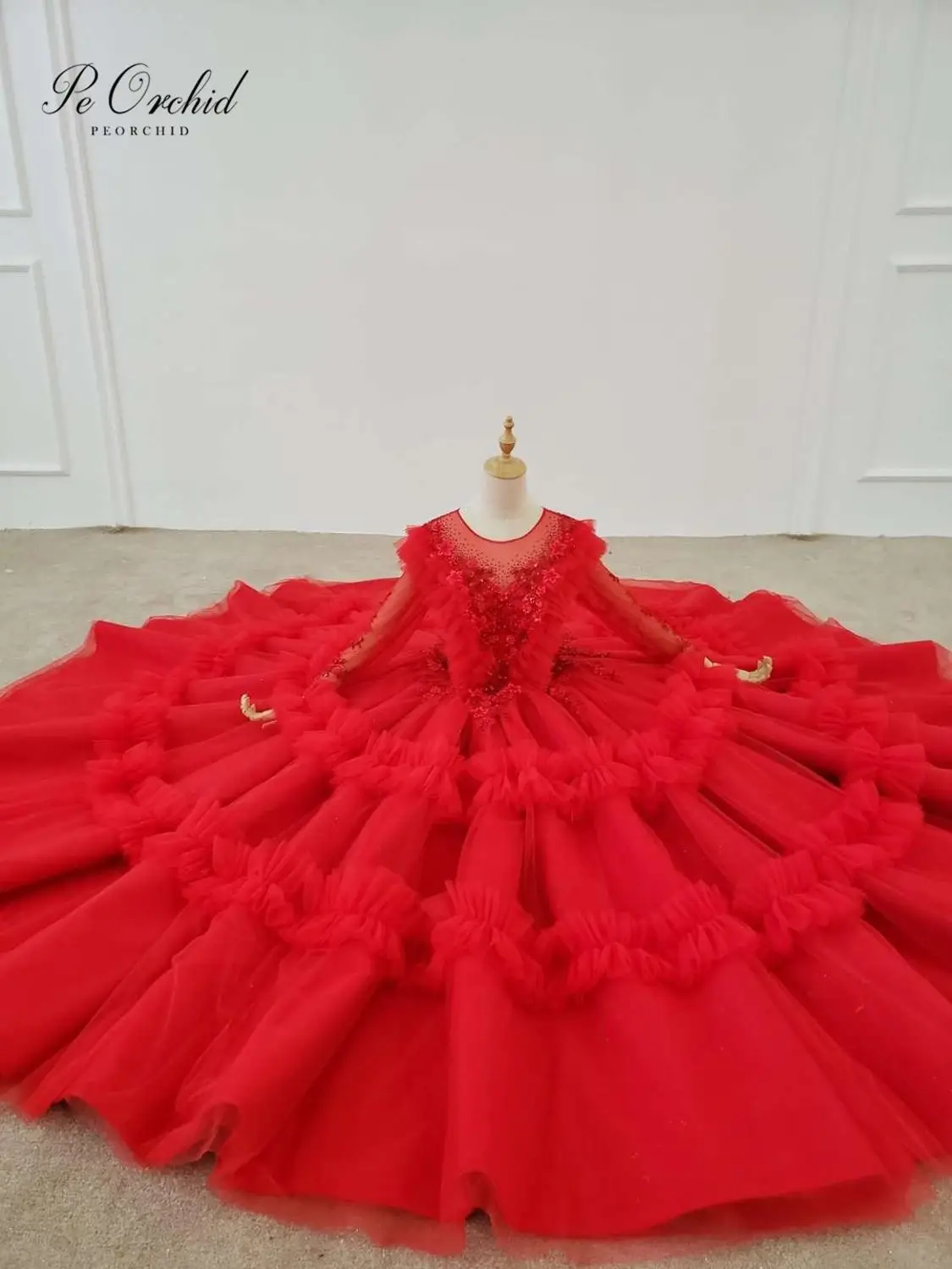 PEORCHID Red Ball Gown Bridal Dress Long Sleeve 2020 Vestidos Casamento Princess African Beaded flower floral Wedding Dress