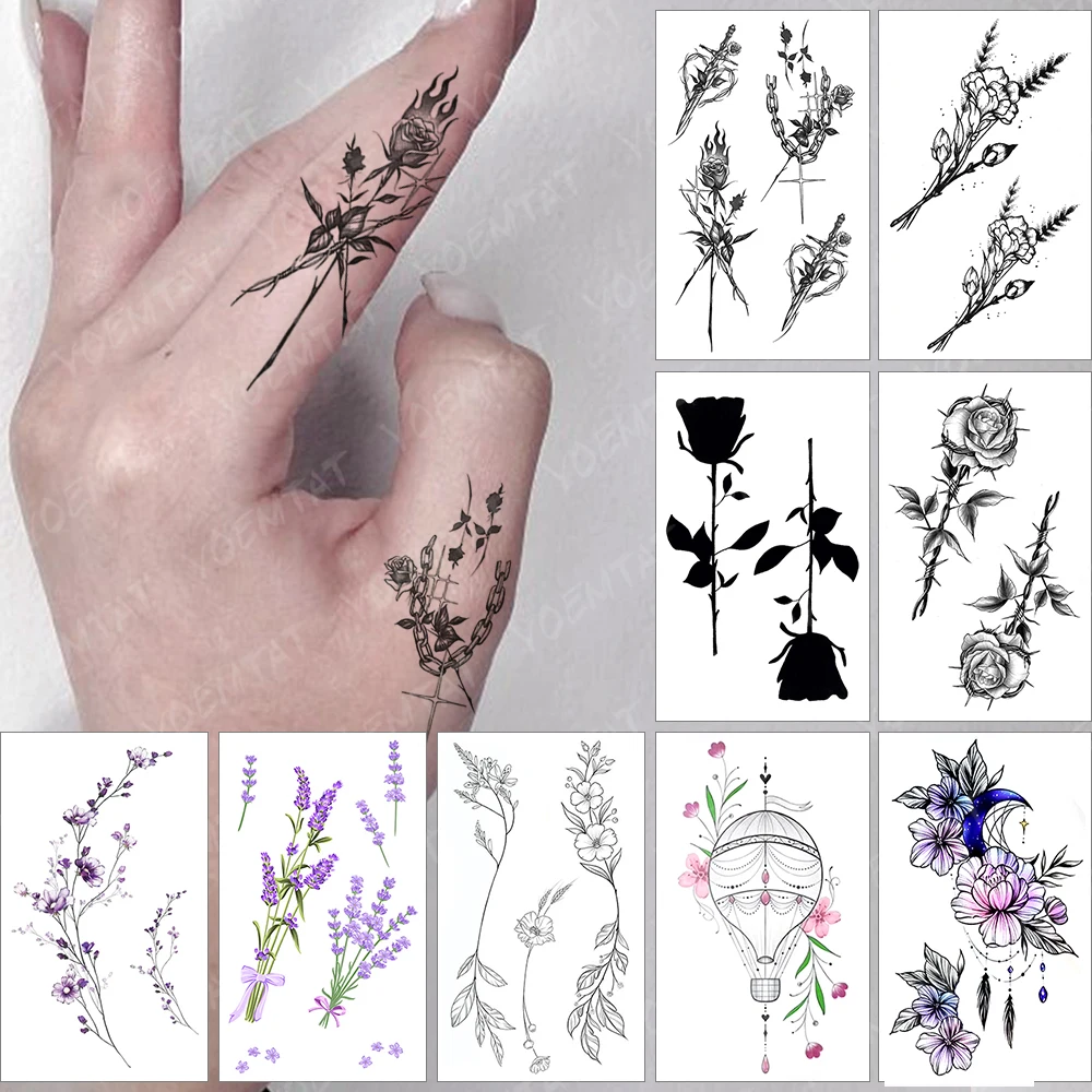

Waterproof Temporary Tattoo Sticker Rose Flame Thorns Flash Tatoo Chain Cross Finger Wrist Fake Tatto For Body Art Women Men