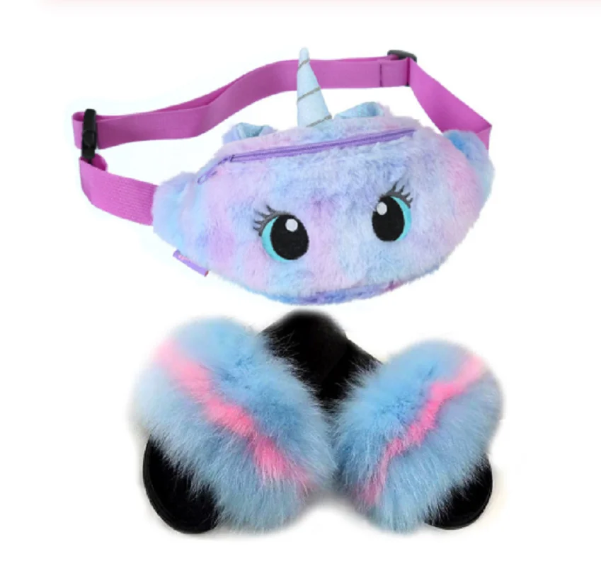 

GW Cartoon cute eyes embroidered unicorn wool flannel Crossbody chest bag and fox fur mixed with lamp-piece set