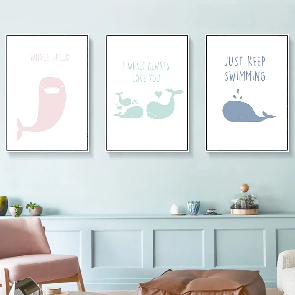 

Wall Art Canvas Painting Pink Cartoon Whale Family Nordic Poster Kids Nursery Posters And Prints Girls Baby Room Decor