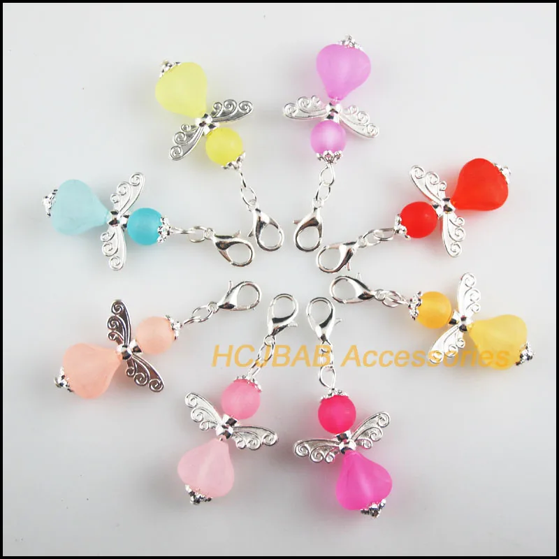 

8 New 21.5x33mm Angel Charms Mixed Frosting Heart Acrylic Silver Plated Retro With Lobster Claw Clasps