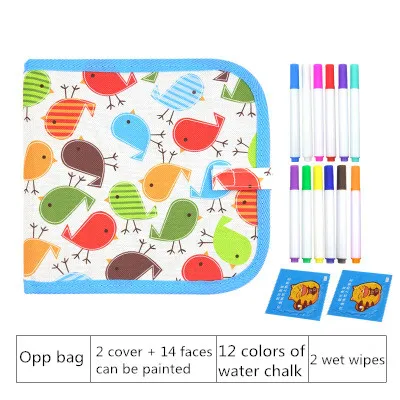 Bird 14faces 12pens Новинка ПВХ Дети DIY обучающая игрушка граффити Рисование книга стираемая доска с водой Мел раскраска книга доска для рисования - Цвет: Bird 14faces 12pens