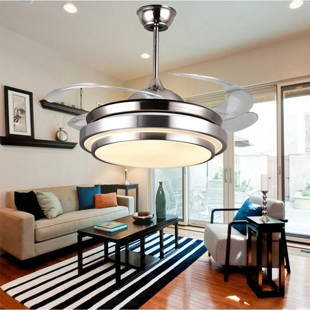 

42 inch Factory wholesale Modern Invisible Fan lights Acrylic Leaf Led Ceiling Fans 110v/220v Wireless control ceiling fan light