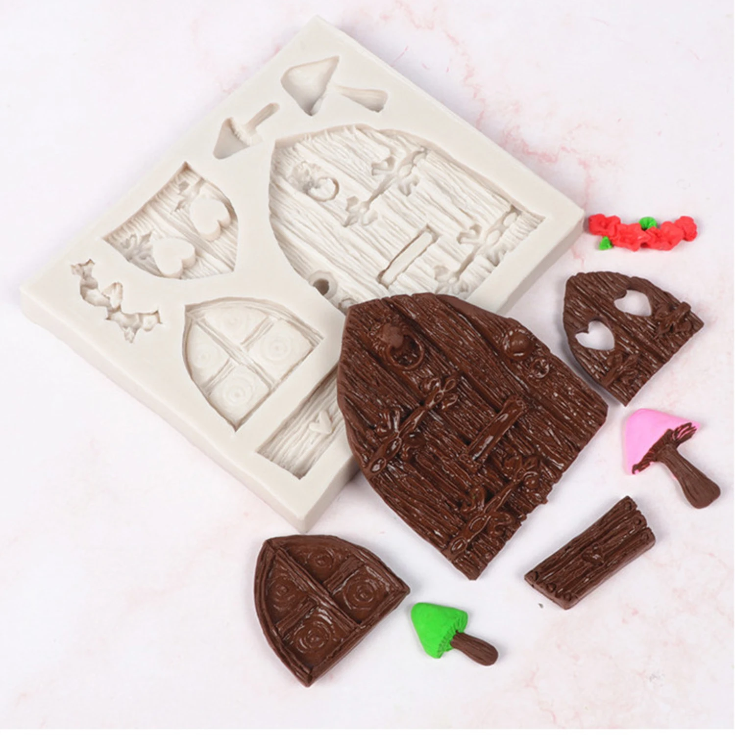 

Sen Series Chocolate Cake Decoration Baking Mold Mushroom Room Wooden Door Window Fondant Silicone Mold AD116