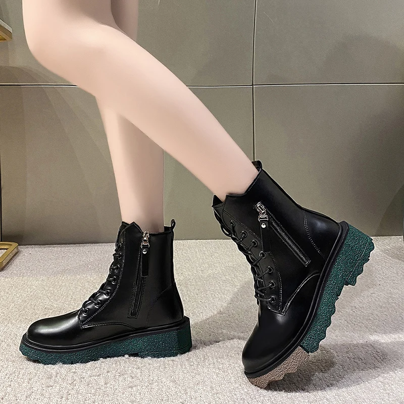 

Solid Leather Motorcycle Boots Women Boots Platform Ankle Boots Autumn Winter Shoes Punk Shoes Women Booties Botas Mujer