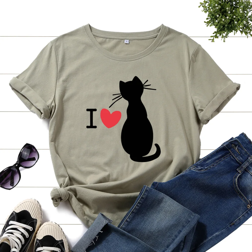 

Cotton T-Shirts for Women Graphic Tees Printed Shirt Short Sleeve Summer Tops Casual Clothes I Love Cat Pet Lover Red Heart