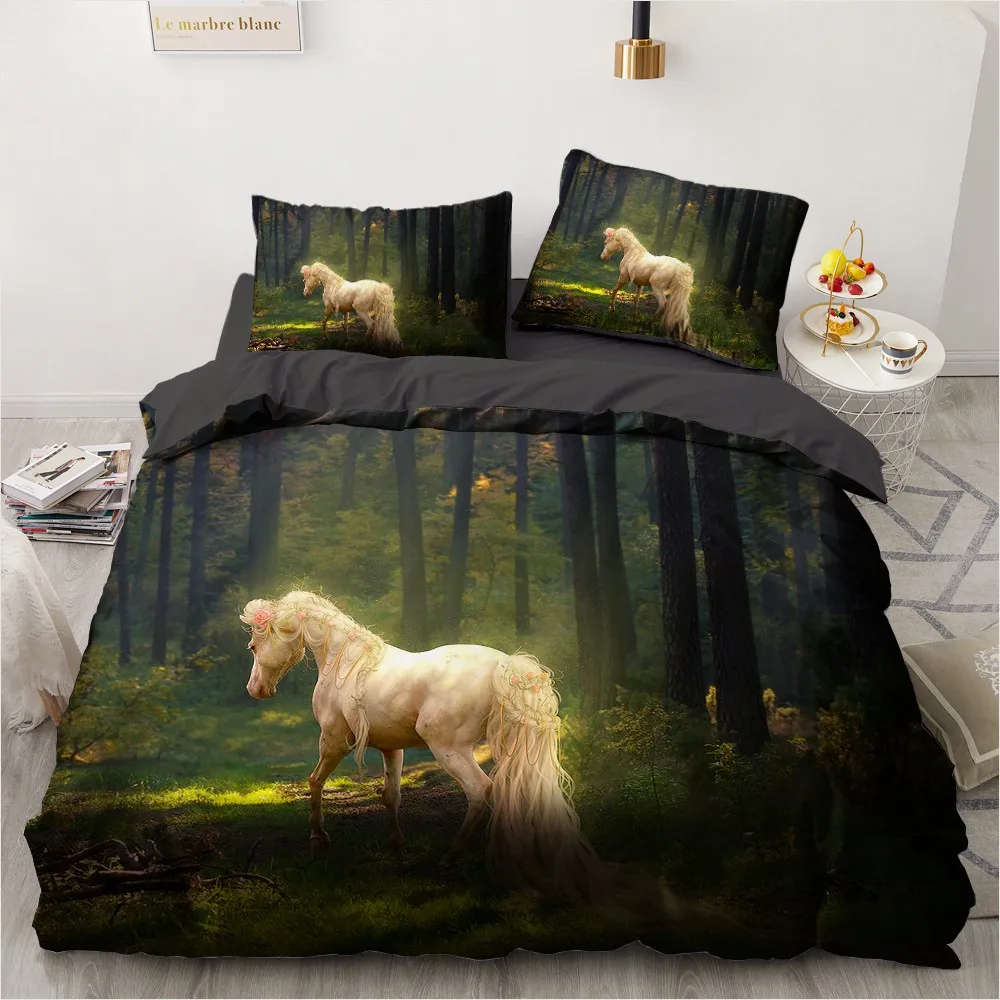 

3D White Bedclothes Custom Design Horse Quilt Cover Sets Animal Comforther Cases Pillow Covers Full Queen Single 203*230cm Size