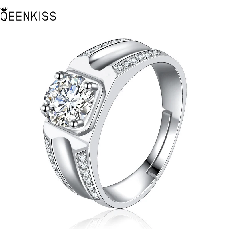 

QEENKISS RG6360 2022 Fine Jewelry Wholesale Fashion Man Father Birthday Wedding Gift Round AAA Zircon 18KT White Gold Open Ring