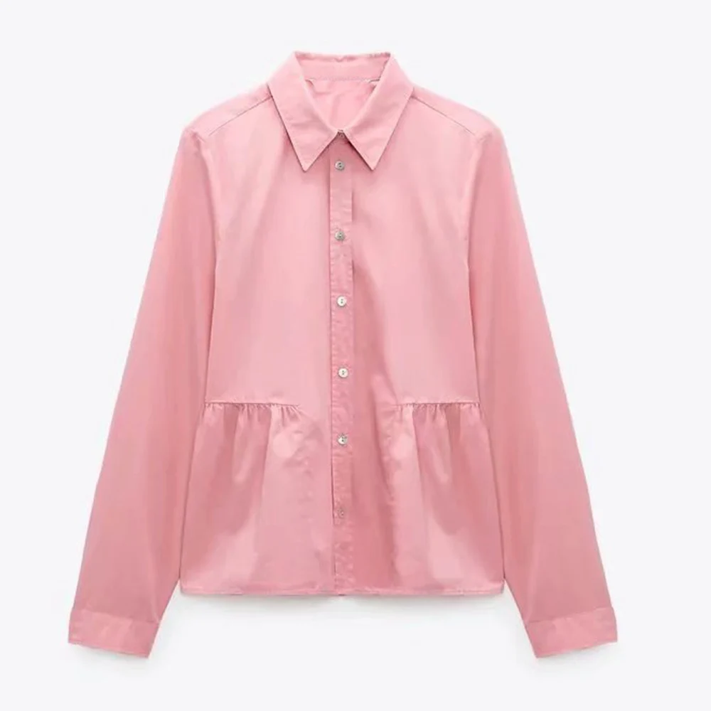 

Женский тонкий кардиган, Однотонная рубашка из ламинированного поплина с длинными рукавами, коротким отложным воротником, новинка на лето