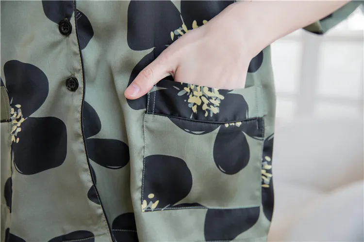 

Print Flower Pajamas Suit Summer Satin Sleepwear For Women Turn-Down Collar Nightwear Home Clothes Loose Casual Lounge Wear