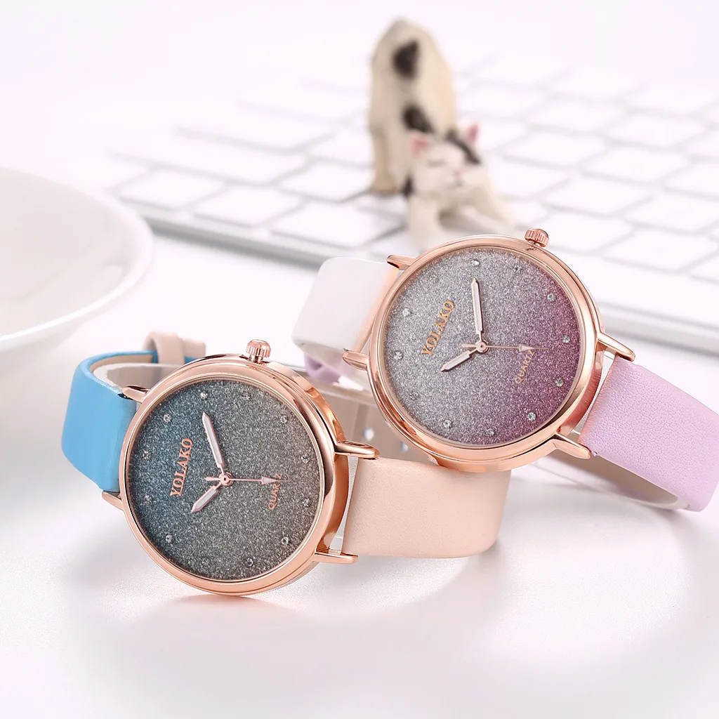 Женские часы с градиентным циферблатом YOLAKO простые кварцевые наручные кожаным