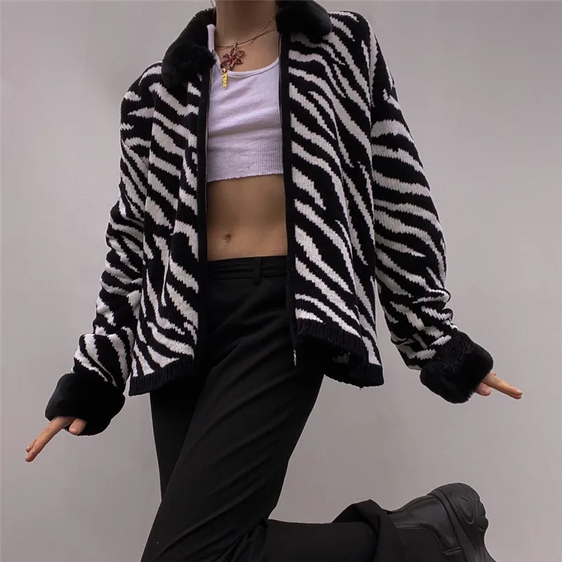 Модный женский вязаный кардиган с принтом зебры женские вязаные топы