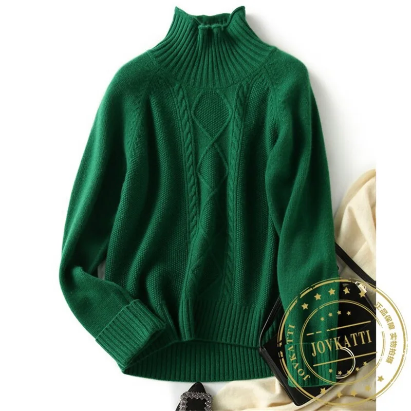 

20Autumn winter clothes Women New 100%pure cashmere Sweater Woman Knitted Fashion Turtleneck Women Loose Green Sweater Pullover