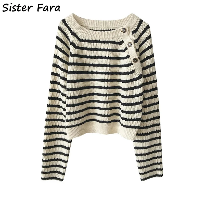 

Sister Fara 2021 Winter Women Striped Oblique Button Knitwear Sweater Fashion Ladies Autumn O-Neck Casual Pullover Sweater