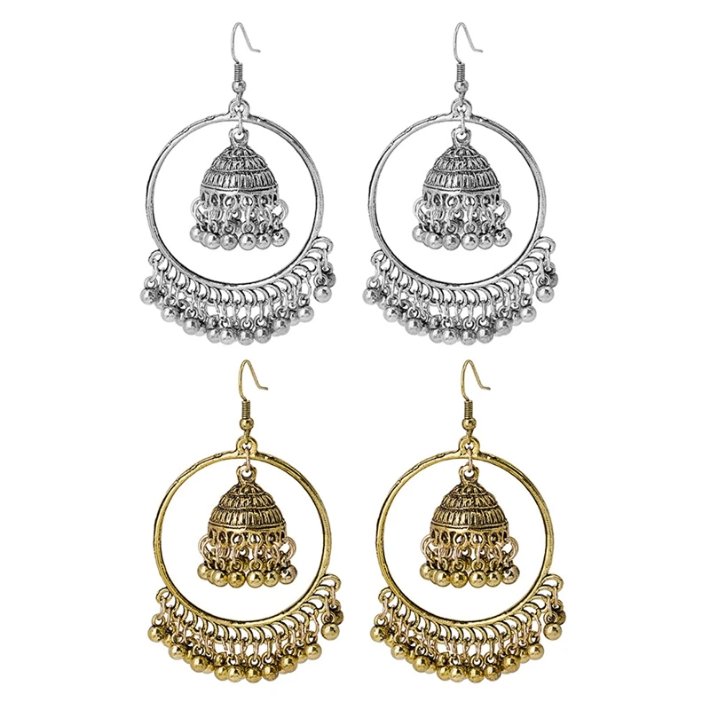 

1pair Vintage Ethnic Gypsy Indian Earrings For Women Boho Jewelry Ladies Retro Round Bell Tassel Hollow Tassel Earrings