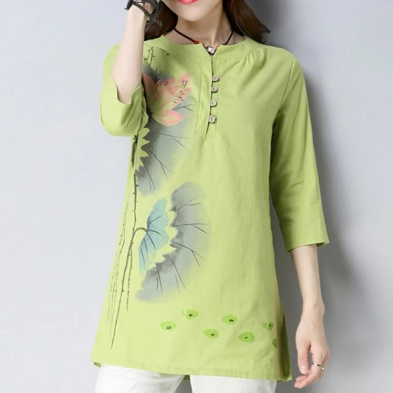 Винтажная женская футболка в китайском стиле костюм Тан футболки из хлопка и